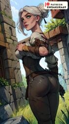 1girls 2d abs ai_generated alley ass butt cd_projekt_red ciri clothing cute dat_ass eyeshadow facial_scar fanart female freckles green_eyes hair_bun half_updo looking_at_viewer looking_back makeup mascara pale-skinned_female petite runny_makeup scar scars seductive_eyes seductive_look seductive_mouth skellige skinny slim solo stable_diffusion swsakura69 teenager the_witcher_(series) the_witcher_3:_wild_hunt tied_hair viewed_from_below white_hair