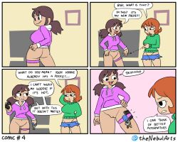 2girls bibi_(nebularts) bottomless brown_hair casual_bottomless comic felicity_(msmads) garter_band hoodie naked_female nebularts page_4 pussy short_hair twintails