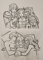 1boy 2girls 2koma alternate_hairstyle bisexual bisexual_(female) blush breasts clericknight closed_eyes cuddling embarrassed fire_emblem fire_emblem_awakening group_sleeping hair_down holding_hands lissa_(fire_emblem) long_hair medium_hair multiple_girls nintendo nude nude_female nude_male open_mouth robin_(fire_emblem) robin_(fire_emblem)_(male) short_hair sleeping small_breasts smile tharja_(fire_emblem) twintails