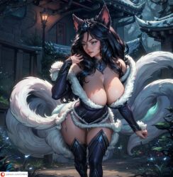 4k absurdres ahri ai_generated boots child_bearing_hips cleavage cmtilins collar dark_hair fairy_lights fox_ears fox_girl fox_tail fur_coat highres huge_breasts large_breasts league_of_legends league_of_legends:_wild_rift midnight_ahri nine_tailed_fox skirt snow thick thick_thighs village white_skin wide_hips