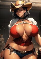 1girls ai_generated belt belt_buckle big_breasts black_hair brown_eyes brown_skin brown_skinned_female cleavage cow_girl_outfit cowboy_hat curvaceous curvy_body curvy_female curvy_figure daisy_dukes eyes female female_focus female_only huge_breasts large_breasts navel original original_character shawntheimmortal942 short_shorts stable_diffusion standing thick thick_thighs voluptuous voluptuous_female wide_hips wristband