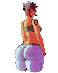 angry ass big_ass danivere_(dual_dragons) dual_dragon female from_behind jeans multicolored_hair no_background original_character short_hair sideboob tattoo thick_ass thick_thighs tight_clothing