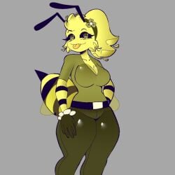 1girls animal_humanoid antennae anthro anthro_only bee bee_girl belt bweswees_bizznip clothed clothing colorbox_(mustard) female female_only fully_clothed fur fur_ass fur_breasts fur_thick_thighs furry grey_background greyscale hair incredibox_mod insect pants shirt simple_background solo stinger tagme wings yellow_body