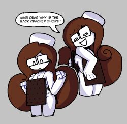 1girls almost_naked almost_nude arcaned_roses big_breasts brown_hair comic_page cracker fanart glasses long_hair mari_(nitepowder) marsh_(smokeysmorez) roses_arcaned tagme text_bubble white_body white_hat white_shirt