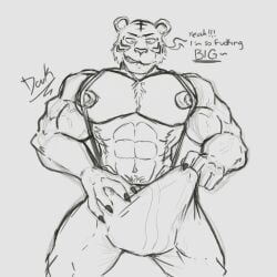 abs absurd_res anthro beastars biceps big_bulge big_muscles big_nipples big_pecs bill_(beastars) bulge clothed clothing dark_wolf digital_drawing_(artwork) digital_media_(artwork) erection felid fur genital_outline genitals hi_res huge_bulge huge_muscles male mammal muscular muscular_anthro muscular_male nipples nude pantherine pecs penis simple_background solo tiger