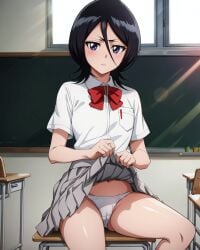 1girls ai_generated alternate_breast_size black_hair bleach bleach:_the_thousand-year_blood_war blush breasts classroom classroom_desk cleavage clothed_female clothing cowboy_shot desk embarrassed female female_only fossillight indoors kuchiki_rukia lifted_by_self light-skinned_female light_skin looking_at_viewer nai_diffusion pantyshot petite petite_body pinup presenting presenting_panties presenting_pussy presenting_self purple_eyes school school_uniform schoolgirl shirt short_female shoulder_length_hair sitting sitting_on_desk skirt skirt_lift smaller_female solo solo_focus spread_legs stable_diffusion sunlight