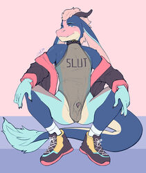 animal_genitalia anthro asian_mythology balls blue_body clothing collar dragon east_asian_mythology eastern_dragon fishnet flaccid footwear genitals hi_res jacket male mythology penis sheath shoes snofu socks solo topwear