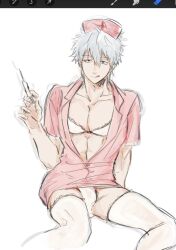 bra crossdressing gintama gintoki_sakata male male_only minidress nurse nurse_cap nurse_uniform ourjaune panties sitting smile solo syringe thighhighs upskirt white_bra white_hair white_legwear white_panties white_thighhighs