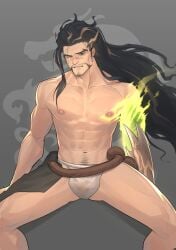 abs black_hair dragonmancers_series league_of_legends long_hair looking_at_viewer male male_focus male_only nipples pecs pectorals solo solo_focus solo_male truth_dragon_yasuo yasuo