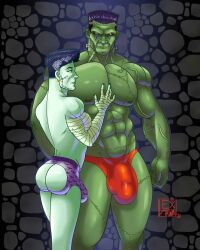 2023 2boys ass bara barazoku big_bulge bulge frankenstein frankenstein's_monster gay green-skinned_male halloween holidays huge_bulge lex_mason male male/male male_focus male_nipples male_only manly monster muscular_male nipples penis_outline solo_male thong underwear yaoi