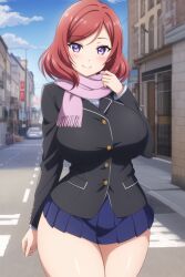 ai_generated blush cowboy_shot day female happy huge_breasts kurodex love_live! love_live!_school_idol_project nishikino_maki outdoors pleated_skirt posing purple_eyes red_hair scarf short_hair smile solo standing street thick_legs wide_hips winter_clothes