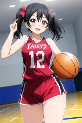 ai_generated basketball_(ball) basketball_court basketball_uniform black_hair blush cowboy_shot day happy indoors kurodex love_live! love_live!_school_idol_project medium_breasts open_mouth posing red_eyes smile standing thick_legs twintails wide_hips yazawa_nico