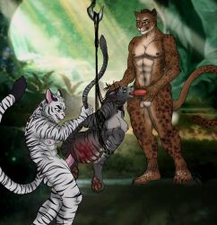 amarant_art anthro arms_tied balls beads bethesda_softworks bondage bound breasts felid fellatio female forest fur genitals grabbing_hair group group_sex hands_behind_back hanging_breasts hanging_from_branch hi_res howlrunner jungle khajiit legs_tied male male/female mammal nipples oral oral_penetration paws penetration penetration_from_behind penile penis plant rape_play sex spank_marks spanked_butt spots spotted_body spotted_fur spread_legs spreading stripes_fur ta'rien-jo tail tail_grab talaji-daro the_elder_scrolls threesome tree trio vaginal_penetration