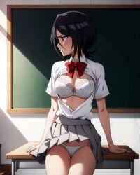 1girls ai_generated alternate_breast_size black_hair bleach bleach:_the_thousand-year_blood_war blush bra breasts breasts_out classroom classroom_desk cleavage clothed_female clothing cowboy_shot desk female female_only fossillight indoors kuchiki_rukia light-skinned_female light_skin looking_at_viewer looking_away nai_diffusion open_clothes panties petite petite_body pinup presenting presenting_breasts presenting_panties presenting_self purple_eyes school school_uniform schoolgirl shirt short_female shoulder_length_hair sitting sitting_on_desk skirt skirt_up smaller_female solo solo_focus stable_diffusion sunlight