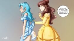 2girls abu_little_kings beauty_and_the_beast_(1991_film) belle_(beauty_and_the_beast) character_request copyright_request diaper diaper_check diaper_under_clothing disney disney_princess dress dress_lift multiple_girls sketchmandl skirt_lift speech_bubble