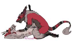 3_toes anal anal_sex andromorph andromorph/male andromorph_penetrated anthro anthro_on_anthro anthro_penetrated anthro_penetrating anthro_penetrating_anthro asmodeus_(character) bite_mark bodily_fluids canid canid_demon cum cum_in_ass cum_inside cuntboy demon duo ear_piercing erection eye_contact facial_piercing feet finger_fuck fingering fingering_self fur genital_fluids genitals hair hand_on_chest hellhound horn intersex intersex/male intersex_penetrated looking_at_another lying male male_penetrating male_penetrating_andromorph male_penetrating_intersex mammal masturbation melthecannibal multicolored_body multicolored_fur nipples nose_piercing notched_ear nude on_back penetration penile penile_penetration penis piercing pussy red_body red_fur red_hair scratches sex signature simple_background tail tail_tuft teeth toes tongue tongue_out tuft unknown_species vaginal_penetration white_background