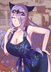 1girls apron armpits breasts camilla_(fire_emblem) female female_only fire_emblem fire_emblem_fates grin hair_over_one_eye large_breasts long_hair looking_at_viewer naked_apron nintendo pokomi_9 purple_eyes purple_hair smile solo very_long_hair