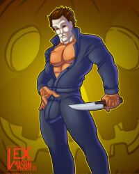 1boy bara bara_tits barazoku bulge clothing gay halloween halloween_(series) lex_mason male male_focus male_nipples male_only manly michael_myers muscular_male nipples solo solo_male tight_clothing yaoi