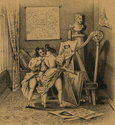 2girls achille_deveria antique clothing dress female fine_art fingering fingering_partner harp historical_porn history human indoors monochrome multiple_females sepia sepia_tone straight_hair traditional_art yuri