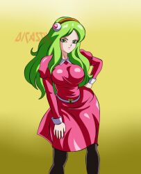 1girl 1girls big_breasts breasts brianne_de_chateau dicasty dragon_ball dragon_ball_super dress female green_eyes green_hair large_breasts long_hair looking_at_viewer looking_forward pink_dress posing posing_for_the_viewer simple_background solo solo_female thighhighs thighs tight_clothing tight_dress