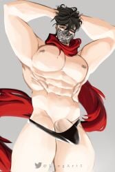 bara black_hair hayabusa_(mobile_legends) lingart5 looking_at_viewer male_focus male_only mask mobile_legends mobile_legends:_adventure mobile_legends:_bang_bang muscular muscular_male ninja no_pants penis penis_bulge penis_under_clothes red_eyes scarf standing tanga underpants