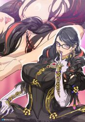 1girls bayonetta bayonetta_(character) bayonetta_3 big_breasts breasts chiroyee ear_piercing ear_ring earring earrings female female_only glasses huge_breasts large_breasts long_hair long_hair_female mole mole_under_mouth multicolored_hair solo_female spread_legs spreading tongue tongue_out woman