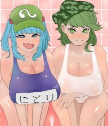 2girls big_breasts blue_eyes blue_hair breasts cleavage green_eyes green_hair hat japanese_text light-skinned_female nipples_visible_through_clothing nitori_kawashiro open_mouth shichitenhatto skin_fang swimsuit takane_yamashiro thick_thighs thighs touhou