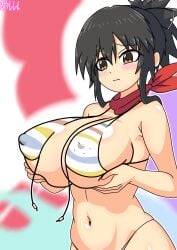 abstract_background artist_signature asuka_(senran_kagura) bikini blush brown_eyes brown_hair covered_nipples eyebrows_visible_through_hair hair_ribbon holding_breasts large_breasts marvelous navel scarf senran_kagura senran_kagura_(series) senran_kagura_burst senran_kagura_estival_versus senran_kagura_new_link senran_kagura_shinovi_versus skindentation striped_bikini udodon wardrobe_malfunction