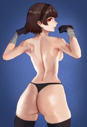 back_view backboob big_ass black_gloves blue_background brown_hair flexing makoto_niijima n7grey panties_only persona persona_5 red_eyes thick_thighs thighhighs