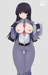 1girls black_hair blush breasts breasts_out clothing exposed_breasts female gloves grey_clothing large_breasts legs_together long_hair louisesait nao_(omega_strikers) nipples omega_strikers shirt solo solo_female tie white_shirt wide_hips