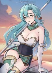 1girls absurdres armpit_crease bare_shoulders blue_hair braid breasts chascoby chloe_(fire_emblem) commentary_request covered_navel elbow_gloves female female female_only fire_emblem fire_emblem_engage gloves green_eyes hair_between_eyes highres holding holding_polearm holding_weapon horizon large_breasts long_hair nintendo patreon_username polearm side_braid sitting solo strapless thighhighs weapon white_gloves