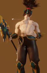 big_penis biting_lip lingart5 long_hair looking_at_viewer male mobile_legends mobile_legends:_adventure mobile_legends:_bang_bang muscular_male nipples ponytail shirt_down solo spear standing tied_hair weapon