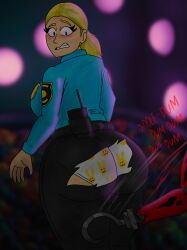 1boy 1girls 2023 artist_request ass big_ass blonde_hair blue_eyes blumhouse_productions digital_media_(artwork) exaggerated_anatomy five_nights_at_freddy's five_nights_at_freddy's_(film) foxy_(fnaf) police_uniform ripped_clothing ripped_pants underwear universal_studios unrealistic_body_standards unrealistic_proportions vanessa_shelly