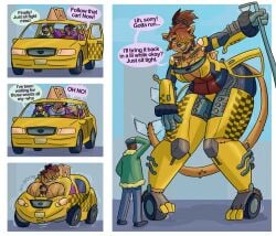 1boy 1girls anthro car cloudkaiju female giantess human_to_anthro living_machine living_vehicle robot_girl robot_tf robotization story_at_source tagme taxi transformation transformers what