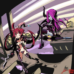 2girls background blade crossover dark_red_hair filia_(skullgirls) multiple_girls oh8 parasoul purple_hair samson_(skullgirls) skullgirls tagme witchblade