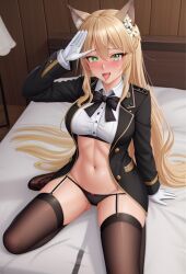 abs admiral_daisy023 ahe_gao ai_generated black_panties black_ribbon black_uniform blonde_hair_female blush daisy023 daisy_ornament fleet_admiral_daisy023 full_body garter_straps green_eyes hair_between_eyes hair_ornament high_resolution long_hair looking_at_viewer military_uniform panties sitting_on_bed sweat sweatdrop sweating thick_thighs thigh_highs tongue trenchcoat twitch.tv virtual_youtuber vrchat vtuber white_gloves white_shirt wolf_ears wolf_girl