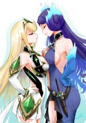 2girls ass bare_shoulders blonde_hair blue_dress blue_gloves breast_press breast_to_breast breasts brighid_(xenoblade) bubble_butt busty cleavage cleavage_cutout competitive core_crystal curvy dress elbow_gloves female female_only fiery_hair gloves hands_on_hips highres large_ass large_breasts long_hair monolith_soft mythra_(xenoblade) nayuta-kanata nintendo purple_hair sideboob slim_waist thick thick_thighs thighhighs thighs very_long_hair voluptuous white_dress white_gloves wide_hips xenoblade_(series) xenoblade_chronicles_2 yellow_eyes yuri