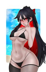 1girls akami_chiyo alternate_version_available beach bikini black_hair blush day female_only fishnet highres latam_virtual_youtuber light-skinned_female light_skin long_hair looking_at_viewer n4hkz ocean piranha_girl ponytail red_eyes red_hair swimsuit two_tone_hair virtual_youtuber yume_girls!