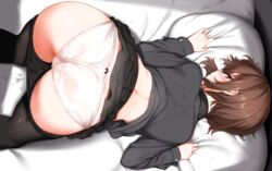 ass bed brown_hair girls_und_panzer leggings nishizumi_maho panties pants_down pillows pussy_juice skirt tagme_(artist) underwear wet_panties