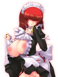 breasts cleavage female highres huge_breasts kuku_px large_breasts le_ciel_bleu maid nipples no_panties open_clothes open_shirt pubic_hair puffy_nipples pussy red_hair shirt short_hair skirt skirt_lift solo uncensored