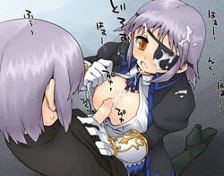 breasts brown_hair cum cum_in_mouth cum_on_body cum_on_breasts cum_on_clothes cum_on_hair cum_on_upper_body cumdrip eye_patch facial female gloves mabinogi male man_(man-room) paizuri penis perspective purple_hair short_hair straight straight_hair uncensored