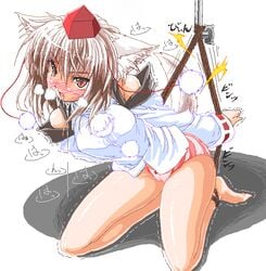 1girls animal_ears arms_behind_back blush bondage bottomless bound_ankles detached_sleeves drool female gizensha hat kneeling knees_apart_feet_together medium_breasts medium_hair momiji_inubashiri no_pants open_mouth panties red_eyes rope saliva shirt silver_hair solo striped striped_panties tail tokin_hat touhou underwear wolf_ear wolf_tail