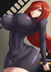 1girls big_breasts black_dress breast_focus breasts dress female female_only fenrox hair hair_over_one_eye hips huge_breasts large_breasts long_hair orange_eyes parasoul red_hair skullgirls solo solo_female thighs thin_waist tight_dress wide_hips