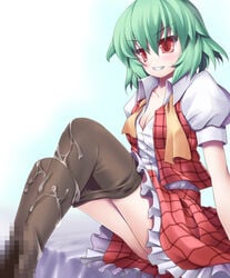 1girls breasts censored cleavage clothed_female cum cum_on_body cum_on_clothes cum_on_lower_body femdom footjob footjob_with_legwear green_hair grin humanoid mosaic mosaic_censoring no_humans pantyhose plaid plaid_skirt plaid_vest red_eyes shou skirt skirt_set smile solo team_shanghai_alice touhou untied yosugara_shou youkai yuka_kazami yuuka_kazami