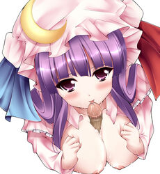 breasts censored crescent crescent_moon cum deep_skin female human large_breasts male mikan_(5555) paizuri patchouli_knowledge penis precum purple_eyes purple_hair saliva straight tongue touhou