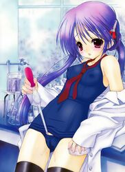 blush erect_nipples hair_ornament hairclip highres insertion jacket_over_swimsuit labcoat laboratory long_hair masturbation necktie nipples one-piece_swimsuit open_clothes open_shirt original purple_eyes purple_hair pussy_juice ramiya_ryou school_swimsuit shirt solo straight_hair sukumizu_flap swimsuit thighhighs tied_hair twintails very_long_hair wet