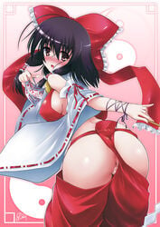 ass back_view big_breasts blush bow breasts brown_eyes brown_hair butt c.r. clothes clothing color detached_sleeves female female_only hair hairbow heavy_blush highres hips holding human long_hair looking_at_viewer looking_back maebari ofuda open_eyes open_mouth pale-skinned_female pale_skin reimu_hakurei sideboob solo taped_pussy touhou