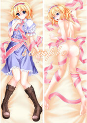 1girls alice_margatroid ass barefoot blonde_hair blue_eyes blush censored clothing dakemakura-koubou dakimakura dress feet looking_at_viewer naked naked_ribbon nipples open_mouth pussy pussy_juice ribbon sample short_hair solo source_request touhou white_skin