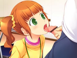 1girls blush censored fellatio green_eyes idolmaster licking mozumozu oral orange_hair penis pointless_censoring producer_(idolmaster) raglan_sleeves solo takatsuki_yayoi tied_hair twintails