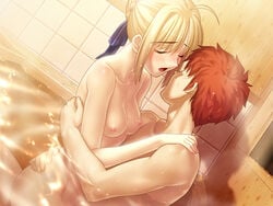 ahoge artoria_pendragon bare_shoulders bath blonde_hair blush both_genders breasts closed_eyes emiya_shirou fate/hollow_ataraxia fate/stay_night fate_(series) female game_cg hair_ribbon happy_sex male nipples nude open_mouth orange_hair ribbon saber sex small_breasts submerged takeuchi_takashi type-moon upright_straddle water wholesome